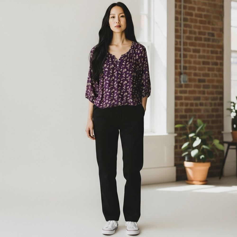 Fat Face Size 8 Purple Floral Scoop Neck Button Up Peasant Style Tunic Top Blous